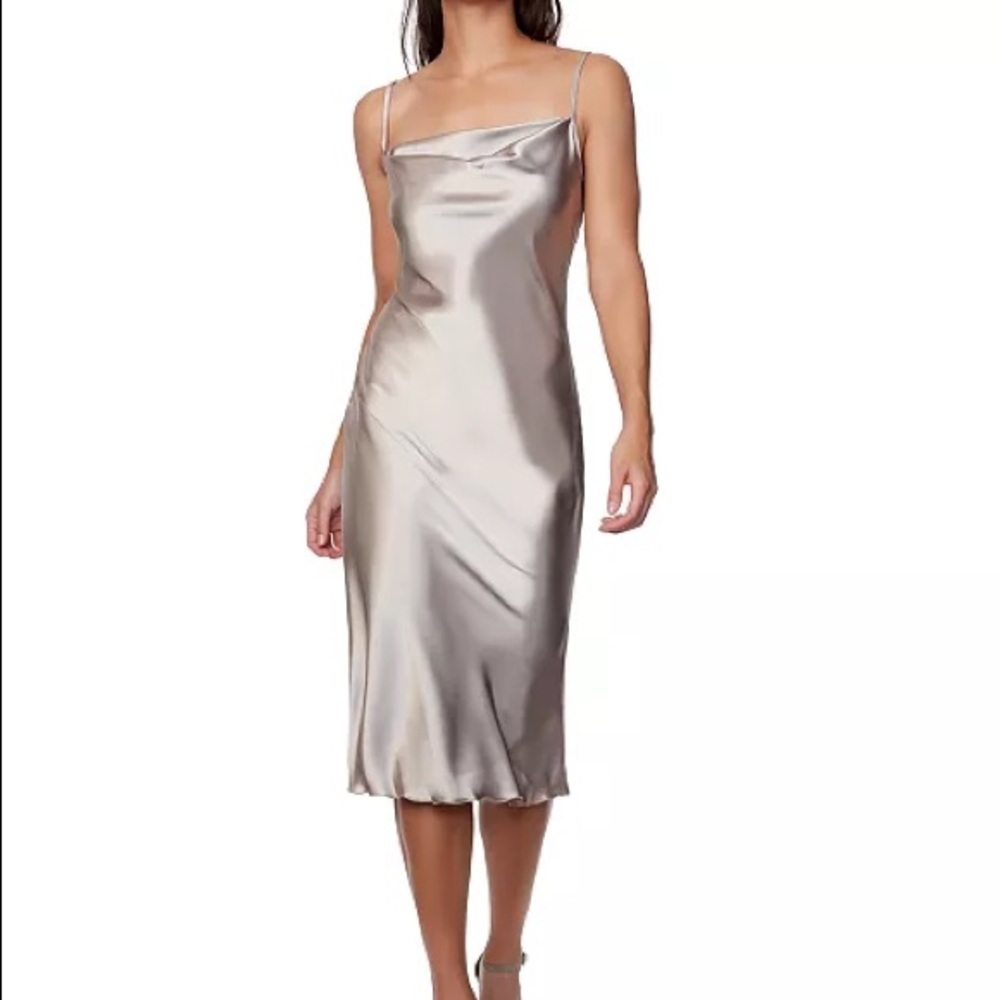 Taupe Satin Cowl Neck Slip Midi Dress